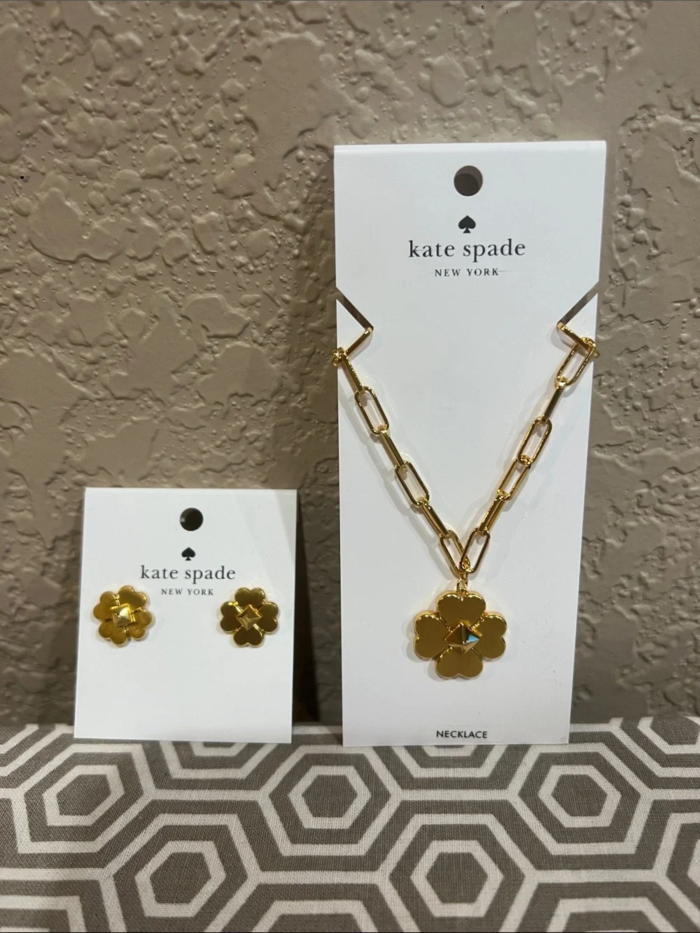 kate spade gold-tone four-leaf clover necklace and stud earring set